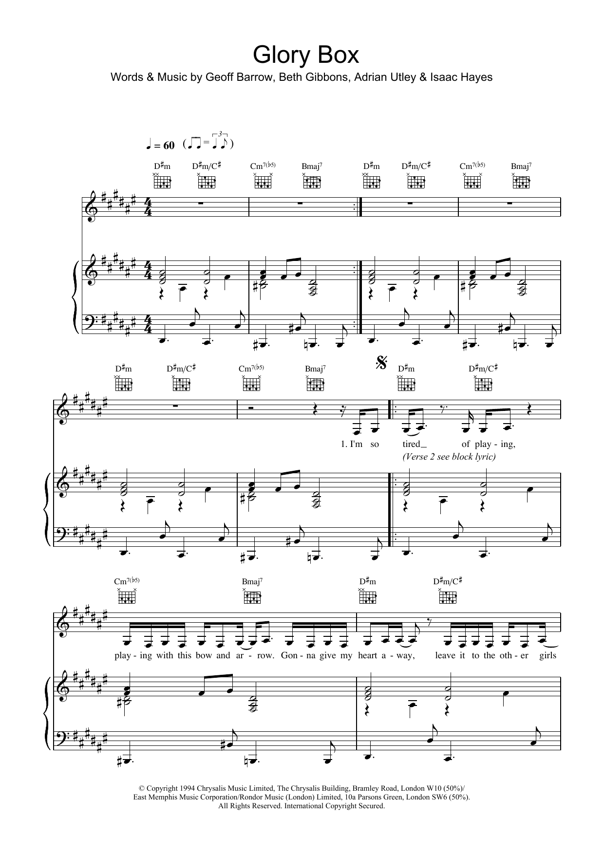 Portishead Glory Box sheet music notes and chords arranged for Piano, Vocal & Guitar Chords