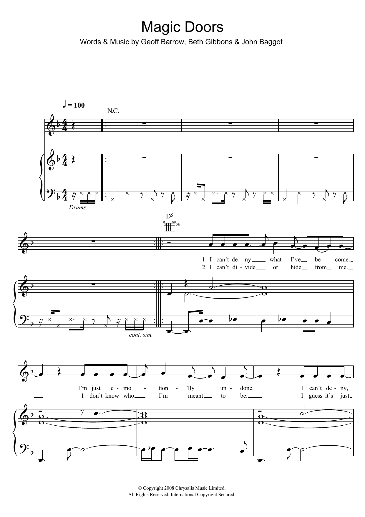 Portishead Magic Doors sheet music notes and chords arranged for Piano, Vocal & Guitar Chords