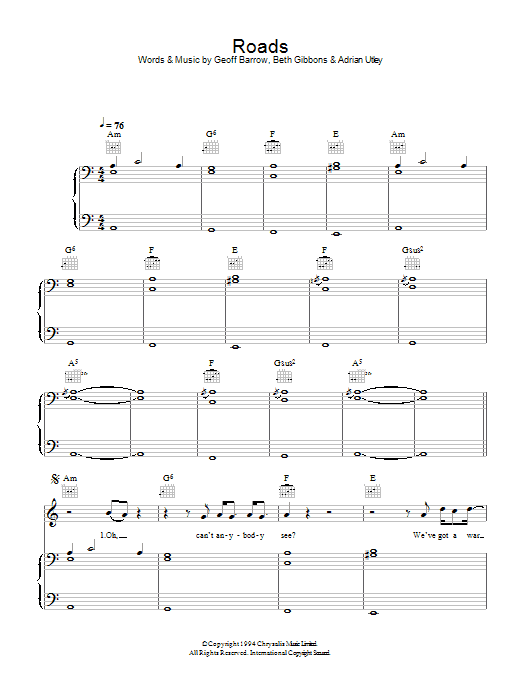 Portishead Roads sheet music notes and chords arranged for Piano, Vocal & Guitar Chords