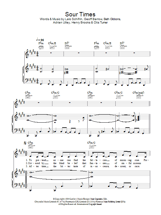 Portishead Sour Times sheet music notes and chords arranged for Piano, Vocal & Guitar Chords