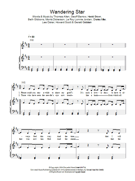 Portishead Wandering Star sheet music notes and chords arranged for Piano, Vocal & Guitar Chords