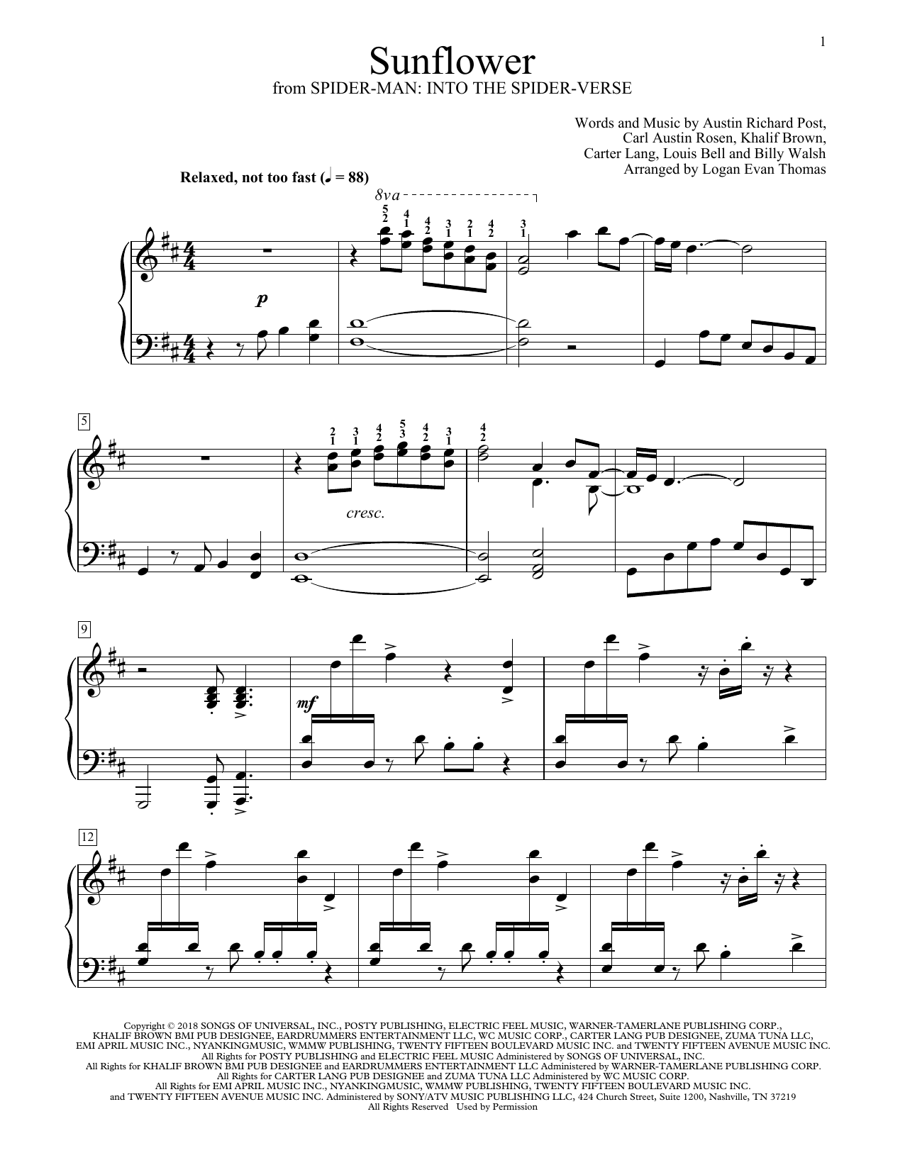 Post Malone & Swae Lee Sunflower (arr. Logan Evan Thomas) sheet music notes and chords arranged for Educational Piano