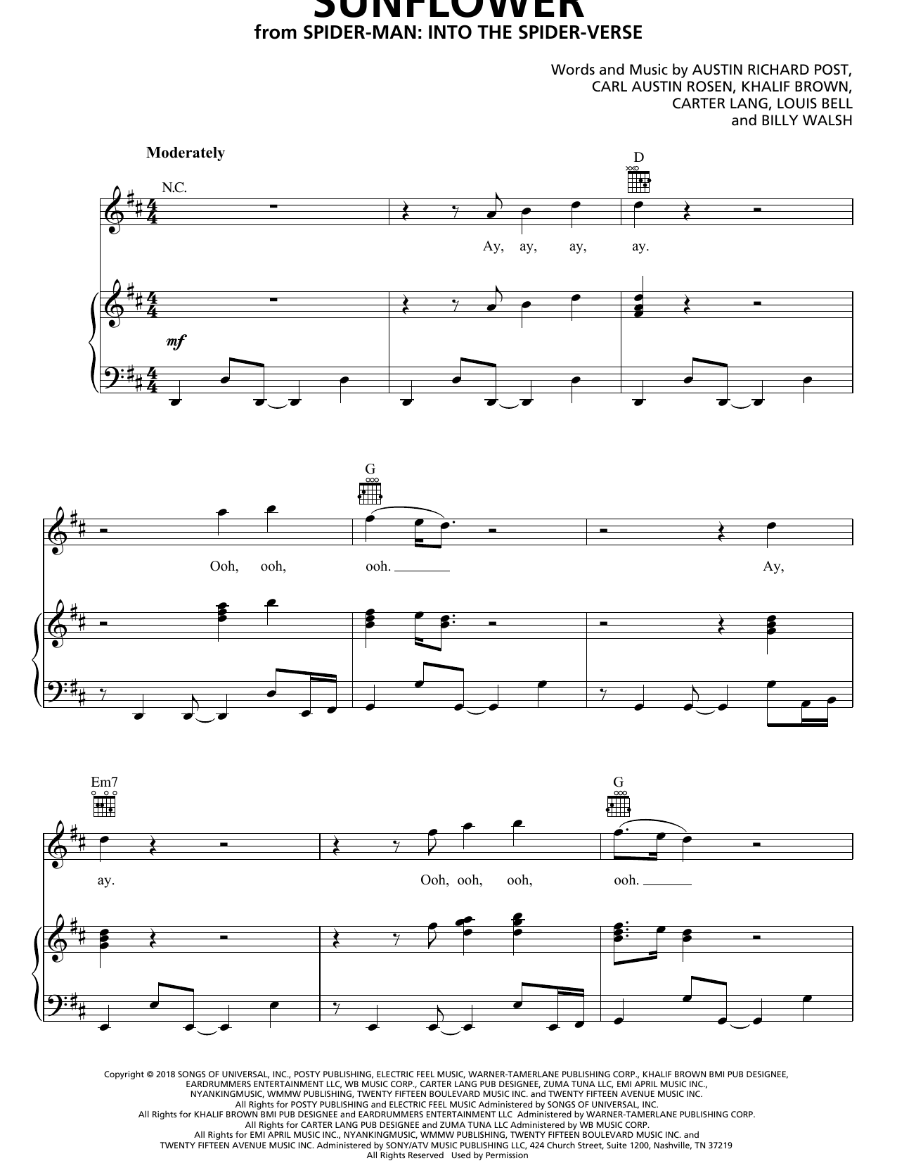 Post Malone & Swae Lee Sunflower (from Spider-Man: Into The Spider-Verse) sheet music notes and chords arranged for Piano, Vocal & Guitar Chords (Right-Hand Melody)