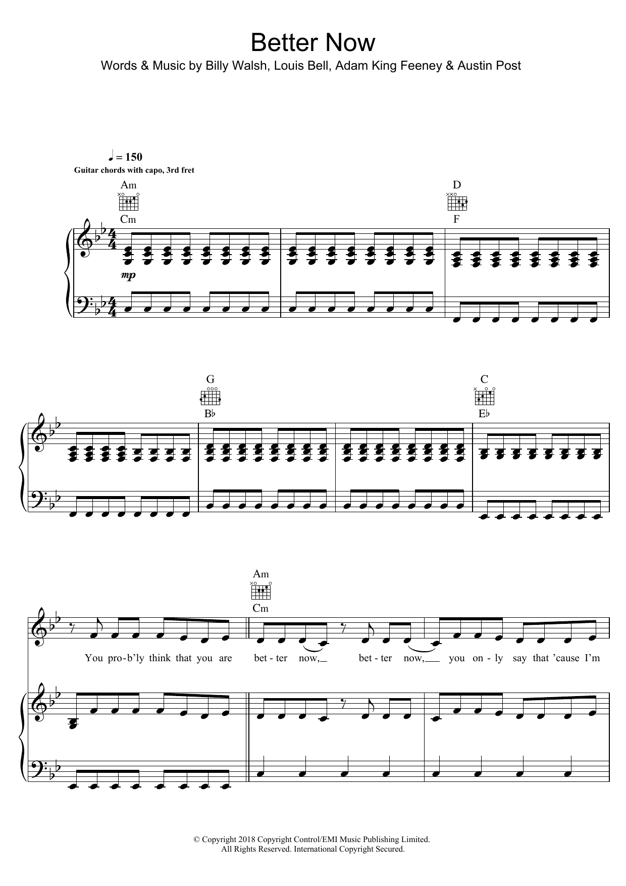 Post Malone Better Now sheet music notes and chords arranged for Piano, Vocal & Guitar Chords (Right-Hand Melody)
