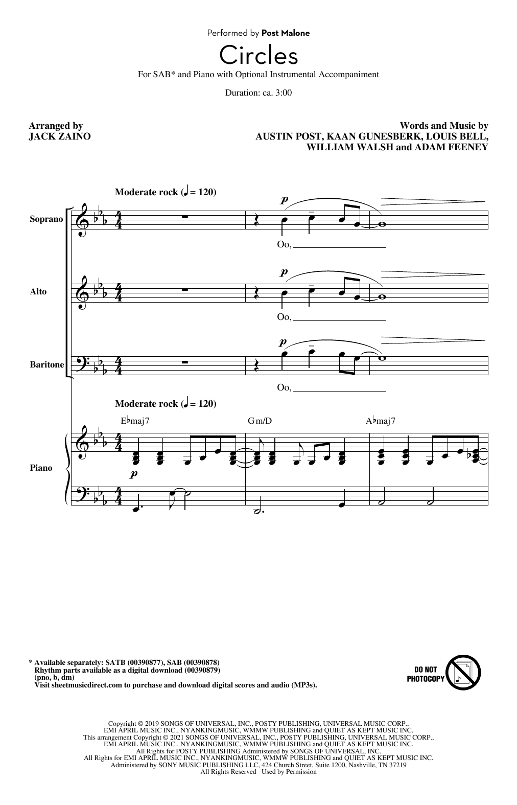Post Malone Circles (arr. Jack Zaino) sheet music notes and chords arranged for SAB Choir