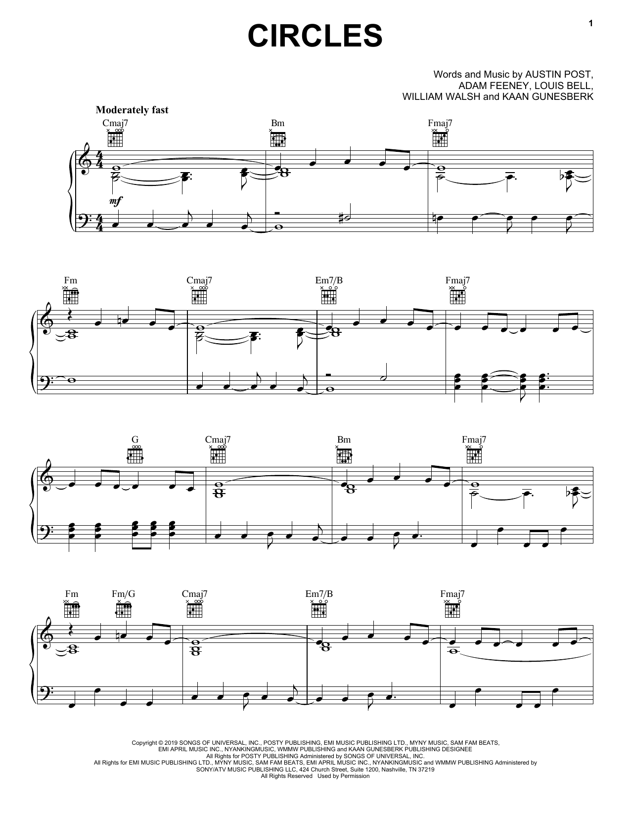 Post Malone Circles sheet music notes and chords arranged for Piano, Vocal & Guitar Chords (Right-Hand Melody)