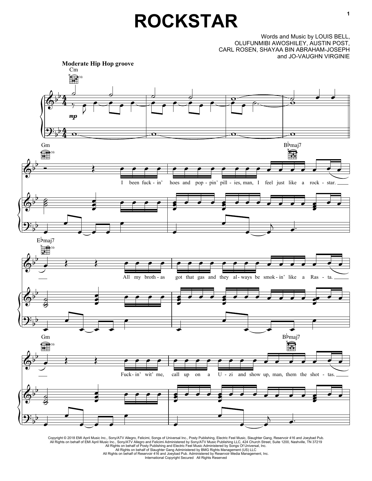 Post Malone (feat. 21 Savage) Rockstar sheet music notes and chords arranged for Piano, Vocal & Guitar Chords (Right-Hand Melody)