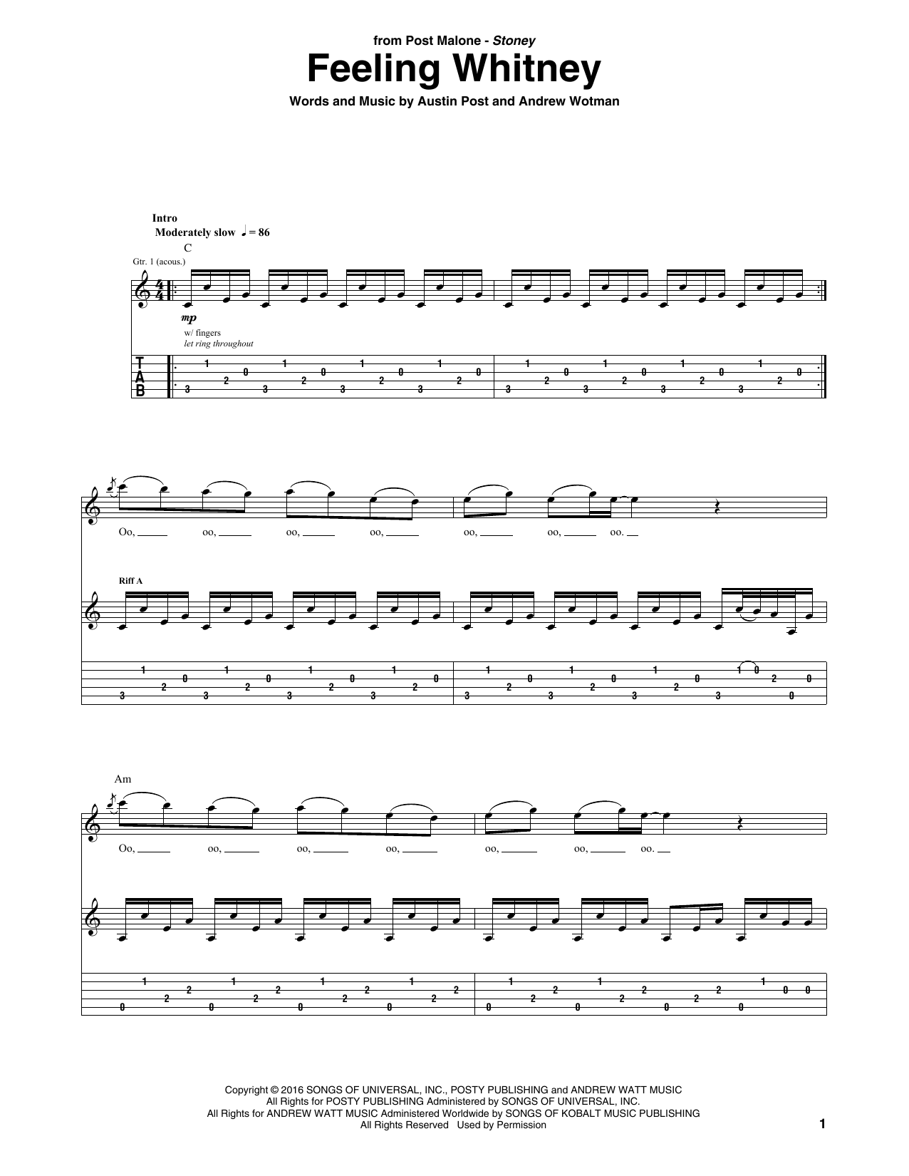 Post Malone Feeling Whitney sheet music notes and chords arranged for Guitar Tab