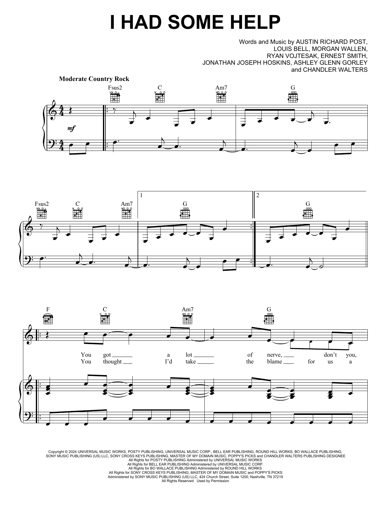 Post Malone I Had Some Help (feat. Morgan Wallen) sheet music notes and chords arranged for Piano, Vocal & Guitar Chords (Right-Hand Melody)