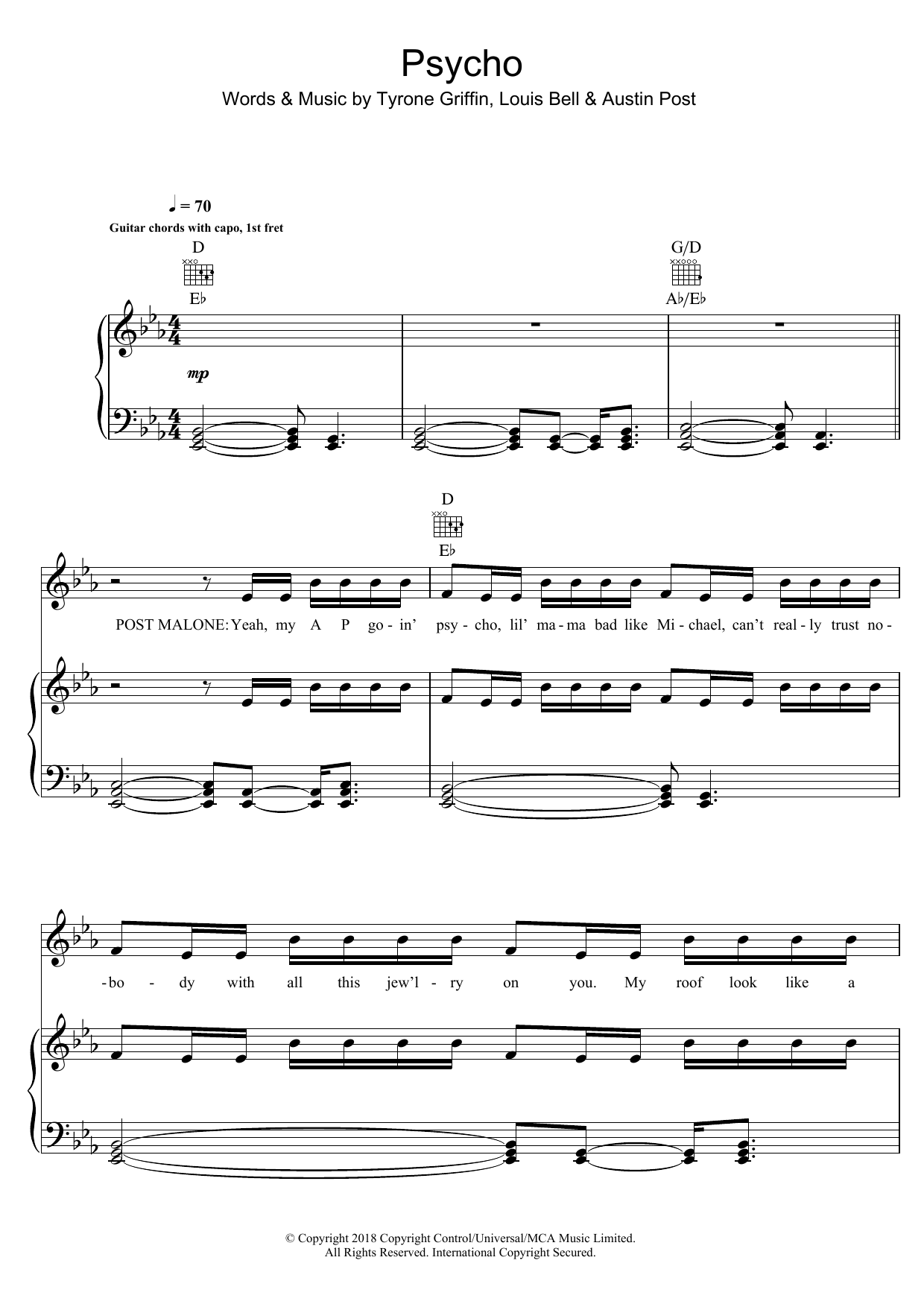 Post Malone Psycho (featuring Ty Dolla $ign) sheet music notes and chords arranged for Piano, Vocal & Guitar Chords (Right-Hand Melody)