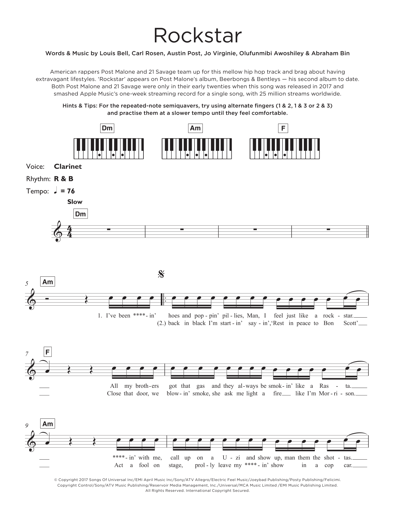 Post Malone Rockstar (featuring 21 Savage) sheet music notes and chords arranged for Beginner Piano
