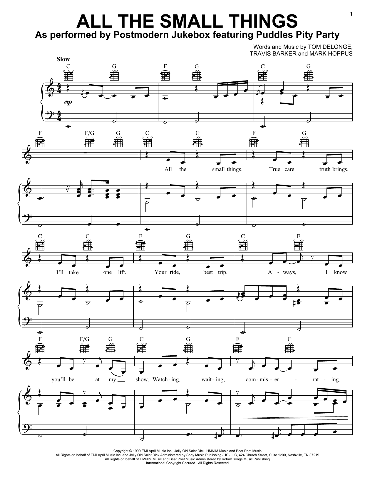 Postmodern Jukebox ft. Puddles Pity Party All The Small Things (John Lewis 2022) sheet music notes and chords arranged for Piano, Vocal & Guitar Chords (Right-Hand Melody)