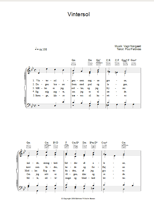 Poul Feldvoss Vintersol sheet music notes and chords arranged for Piano, Vocal & Guitar Chords