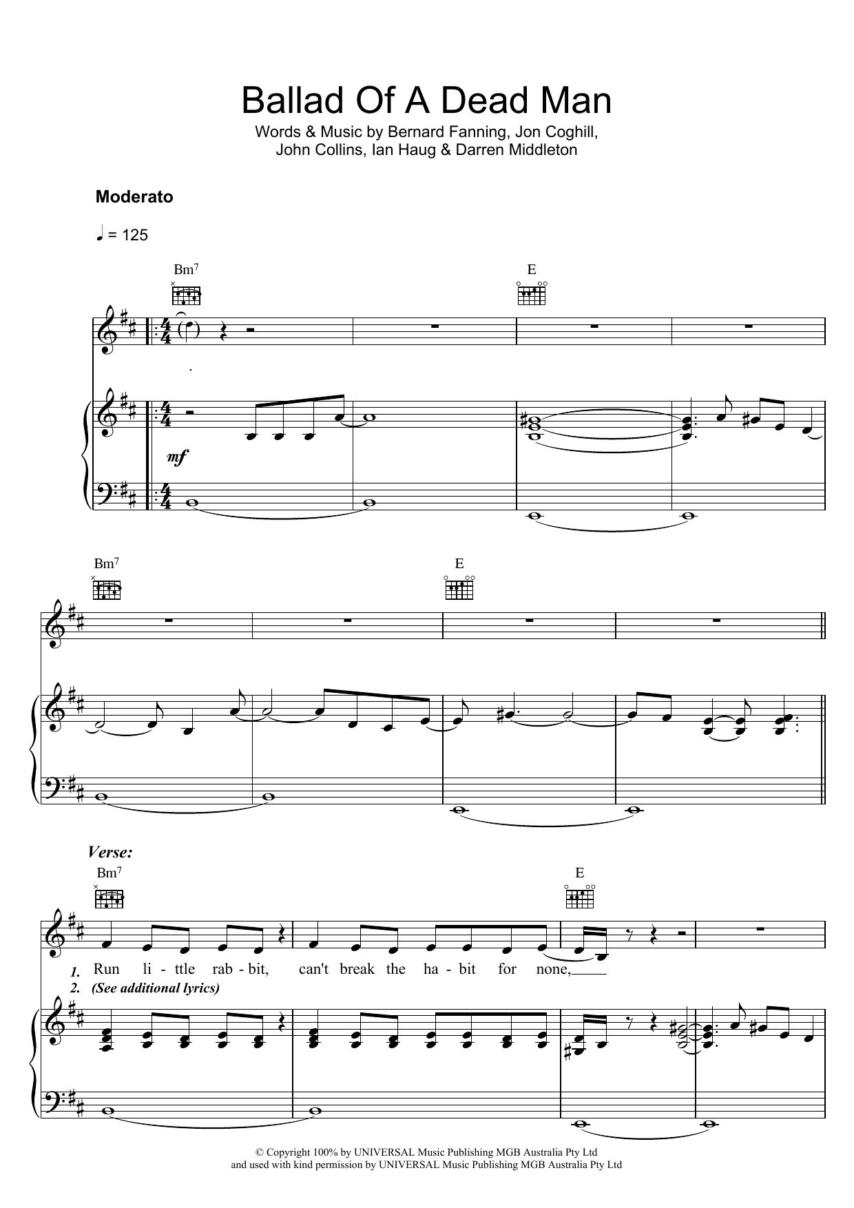 Powderfinger Ballad Of A Dead Man sheet music notes and chords arranged for Piano, Vocal & Guitar Chords