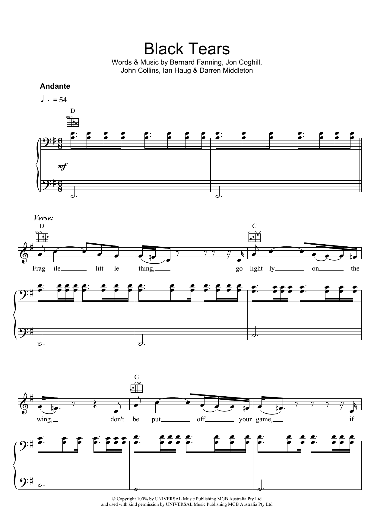 Powderfinger Black Tears sheet music notes and chords arranged for Piano, Vocal & Guitar Chords