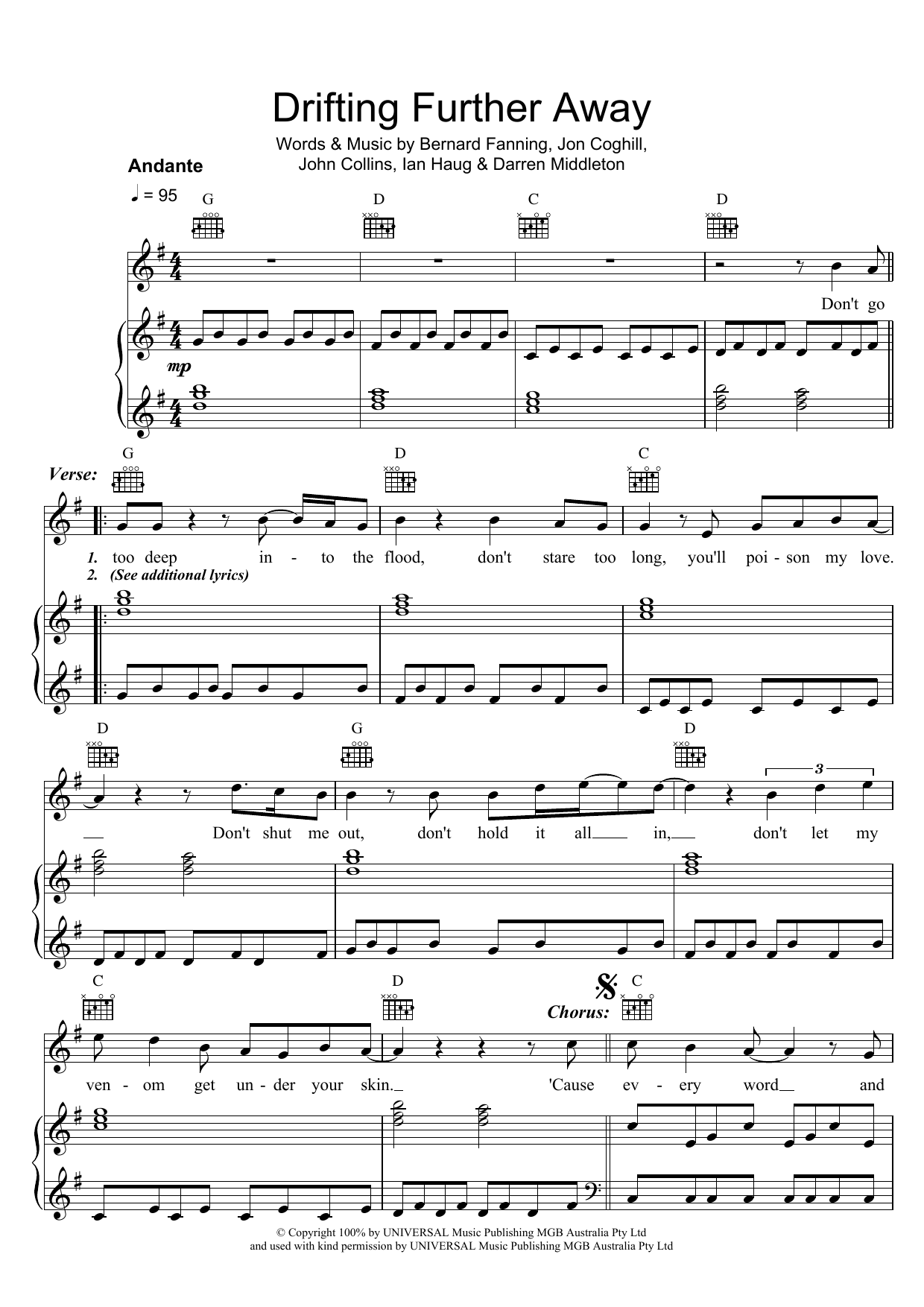 Powderfinger Drifting Further Away sheet music notes and chords arranged for Piano, Vocal & Guitar Chords