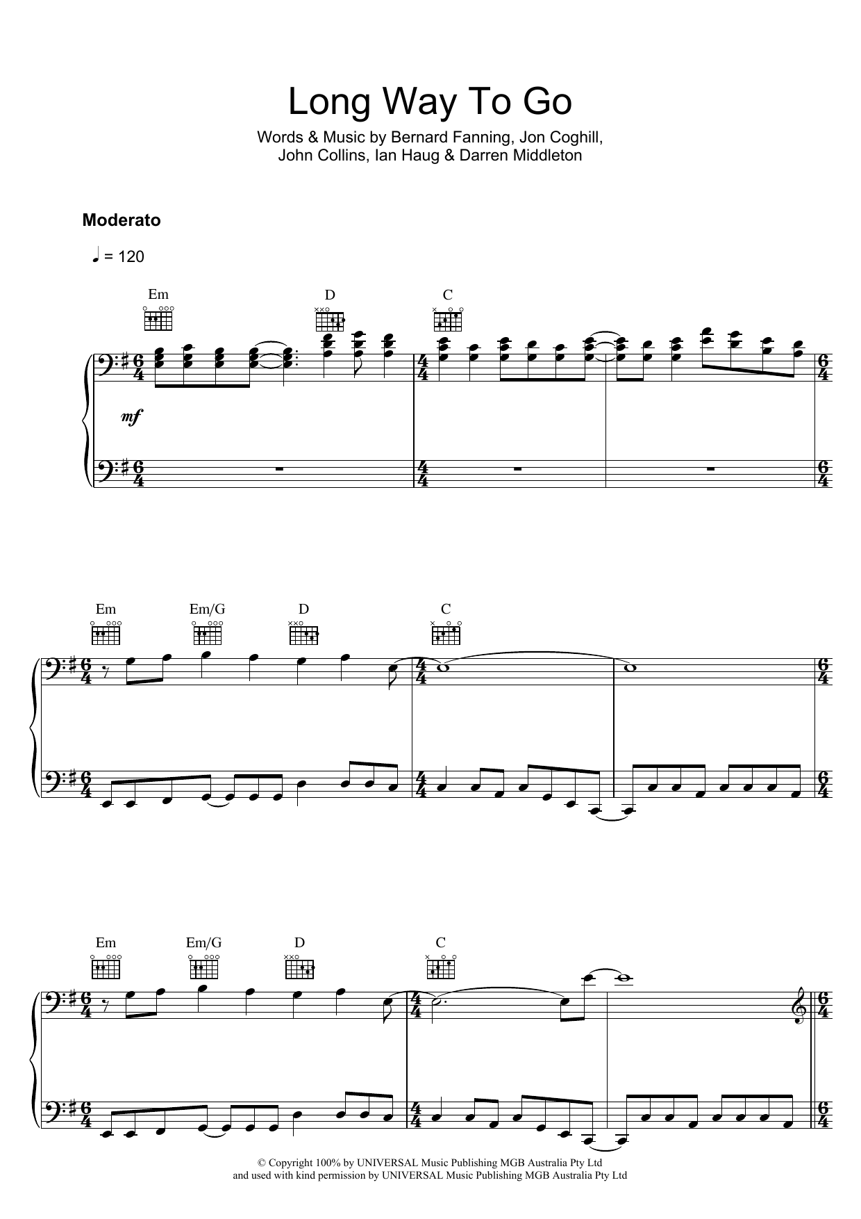 Powderfinger Long Way To Go sheet music notes and chords arranged for Piano, Vocal & Guitar Chords