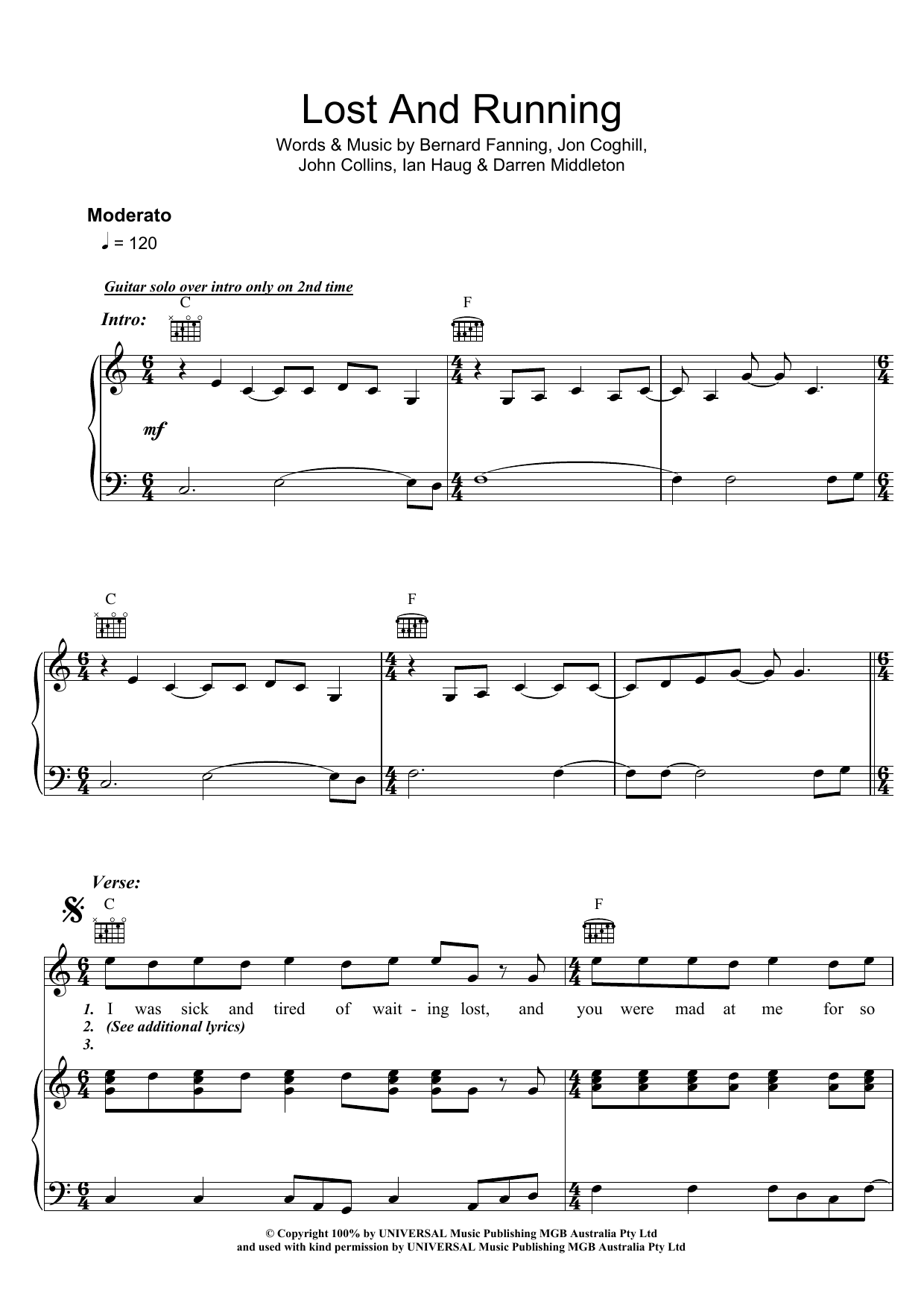 Powderfinger Lost And Running sheet music notes and chords arranged for Piano, Vocal & Guitar Chords