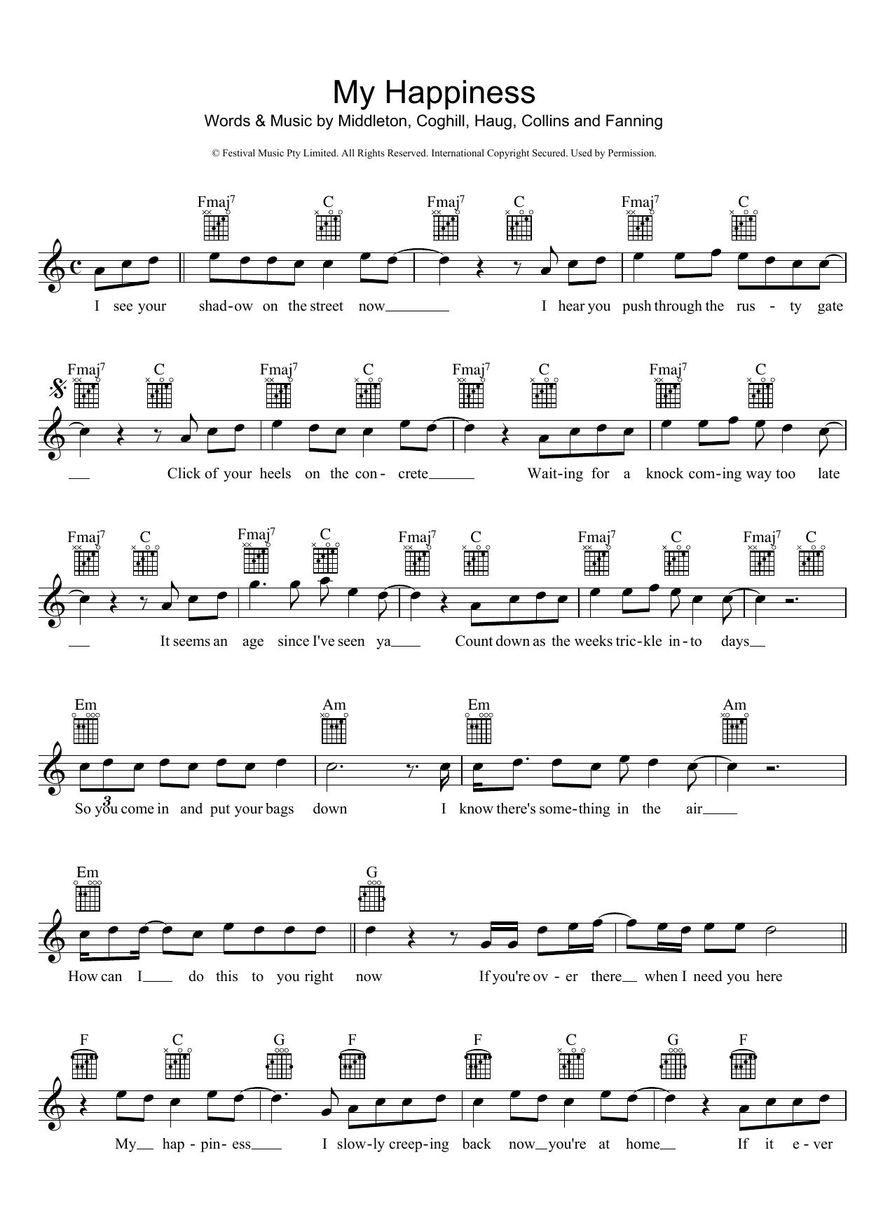 Powderfinger My Happiness sheet music notes and chords arranged for Piano, Vocal & Guitar Chords (Right-Hand Melody)