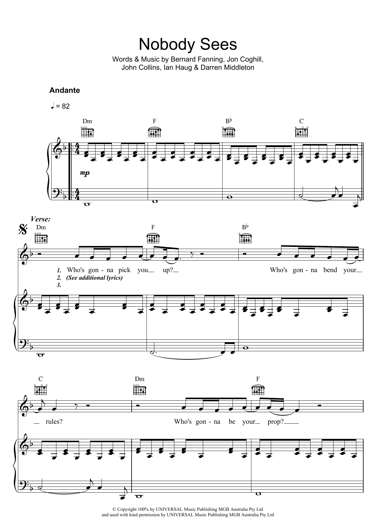 Powderfinger Nobody Sees sheet music notes and chords arranged for Piano, Vocal & Guitar Chords