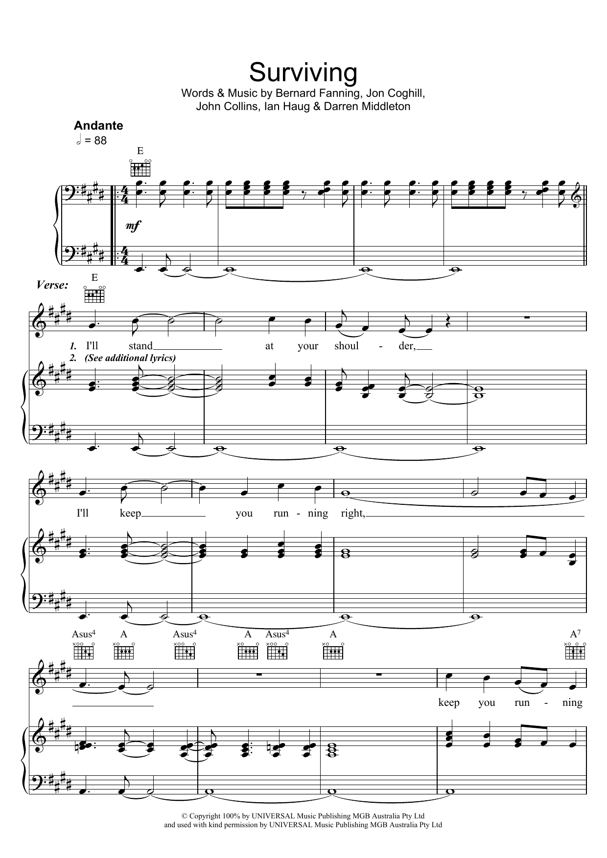 Powderfinger Surviving sheet music notes and chords arranged for Piano, Vocal & Guitar Chords