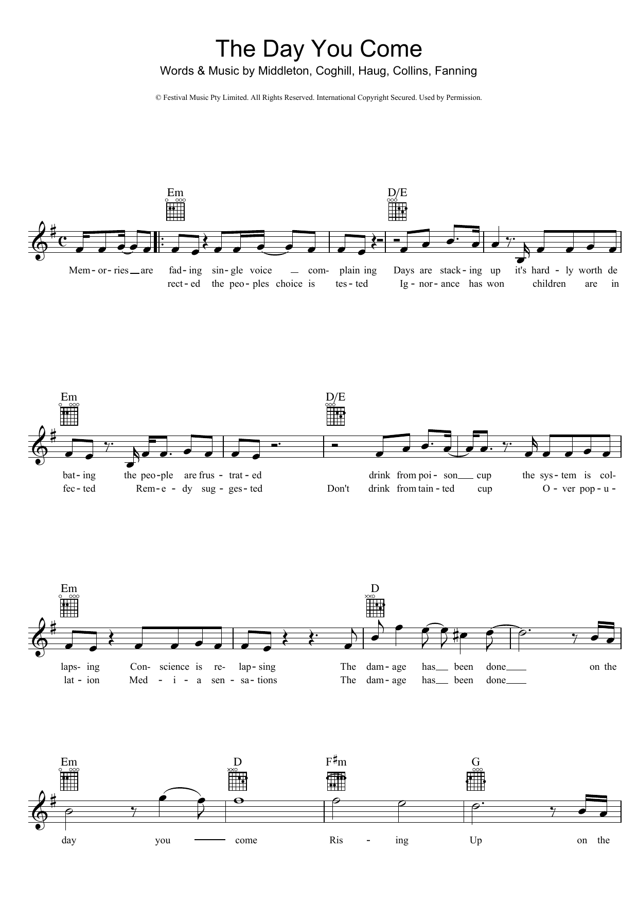 Powderfinger The Day You Come sheet music notes and chords arranged for Lead Sheet / Fake Book