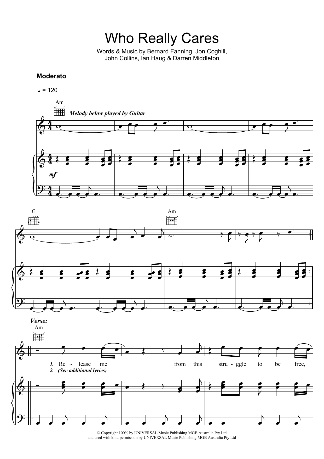 Powderfinger Who Really Cares sheet music notes and chords arranged for Piano, Vocal & Guitar Chords
