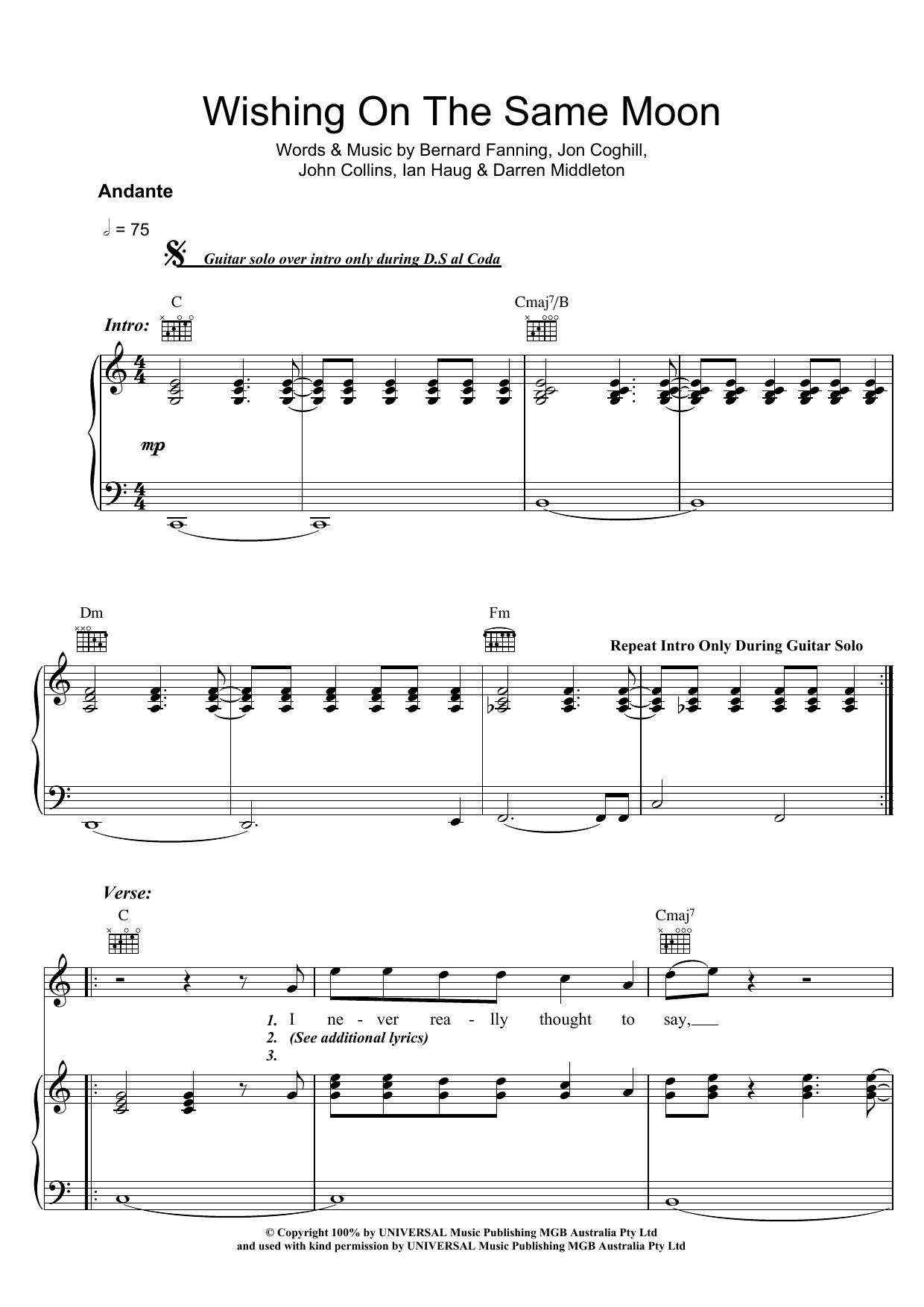 Powderfinger Wishing On The Same Moon sheet music notes and chords arranged for Piano, Vocal & Guitar Chords