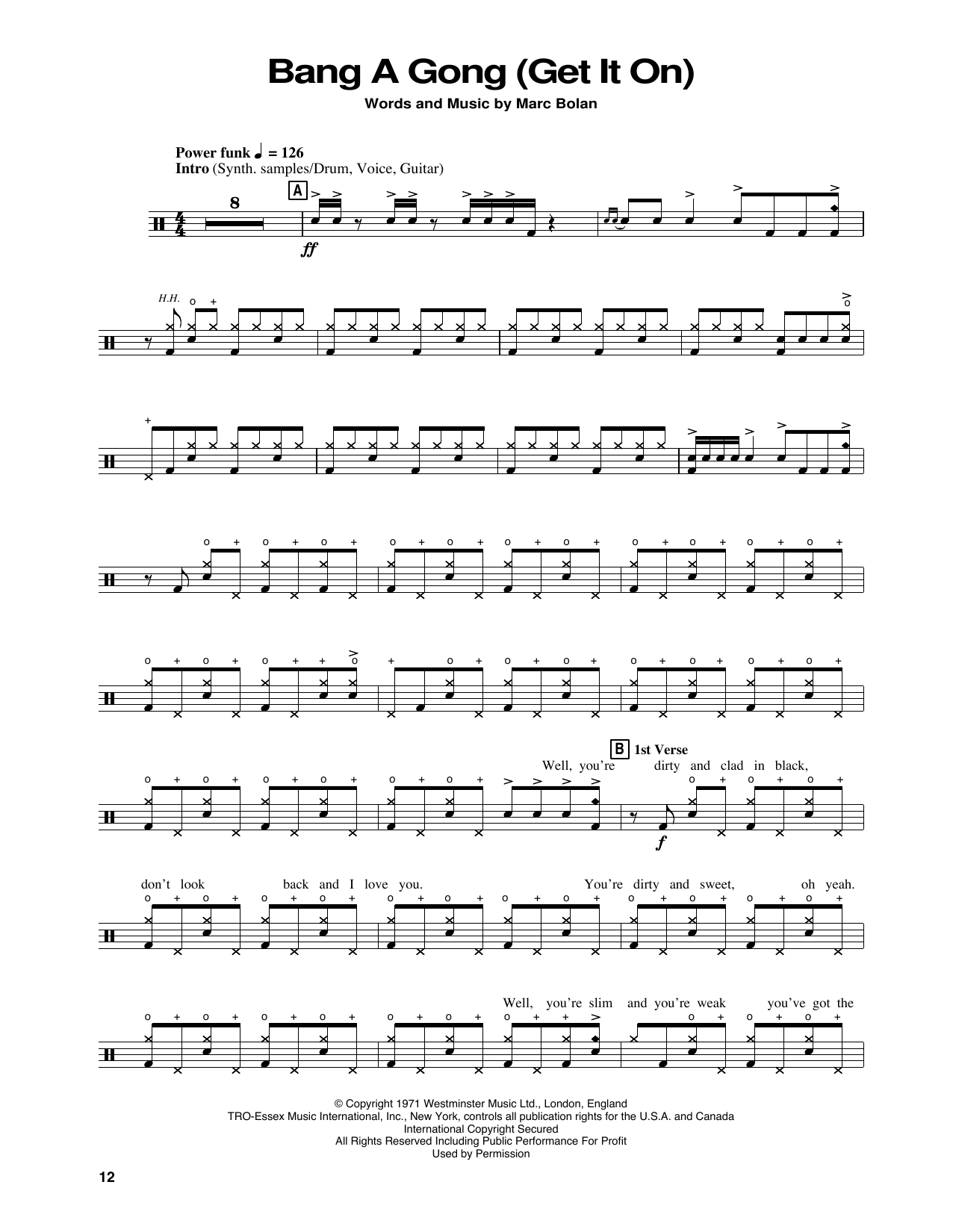 Power Station Bang A Gong (Get It On) sheet music notes and chords arranged for Drums Transcription