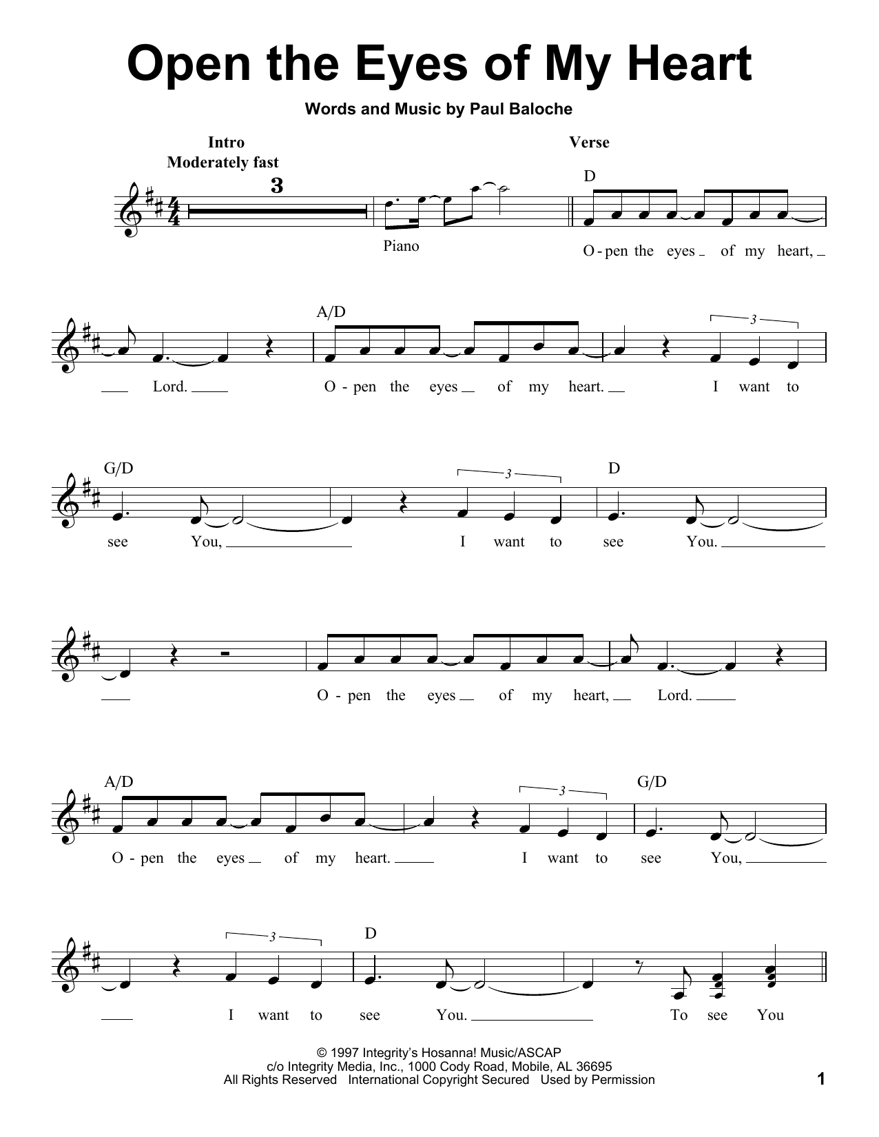 Praise Band Open The Eyes Of My Heart sheet music notes and chords arranged for Pro Vocal