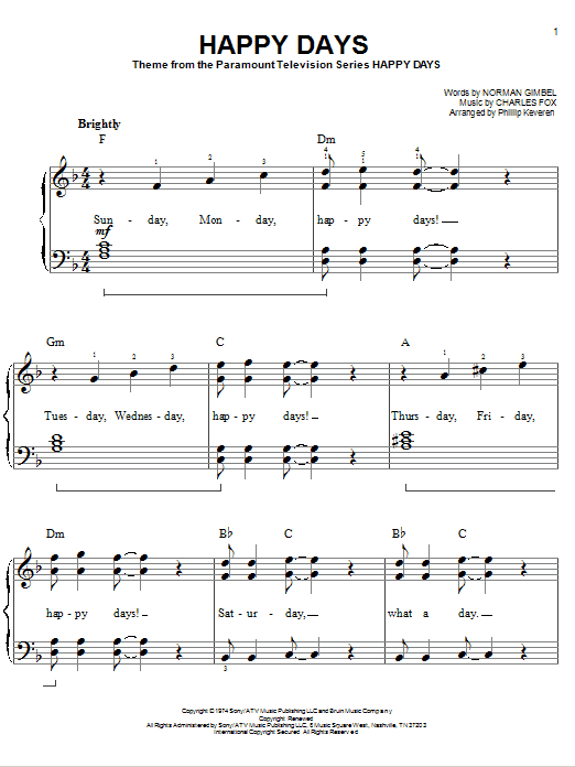 Pratt & McClain Happy Days (arr. Phillip Keveren) sheet music notes and chords arranged for Easy Piano