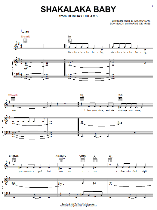 Preeya Kalidas Shakalaka Baby sheet music notes and chords arranged for Piano, Vocal & Guitar Chords (Right-Hand Melody)