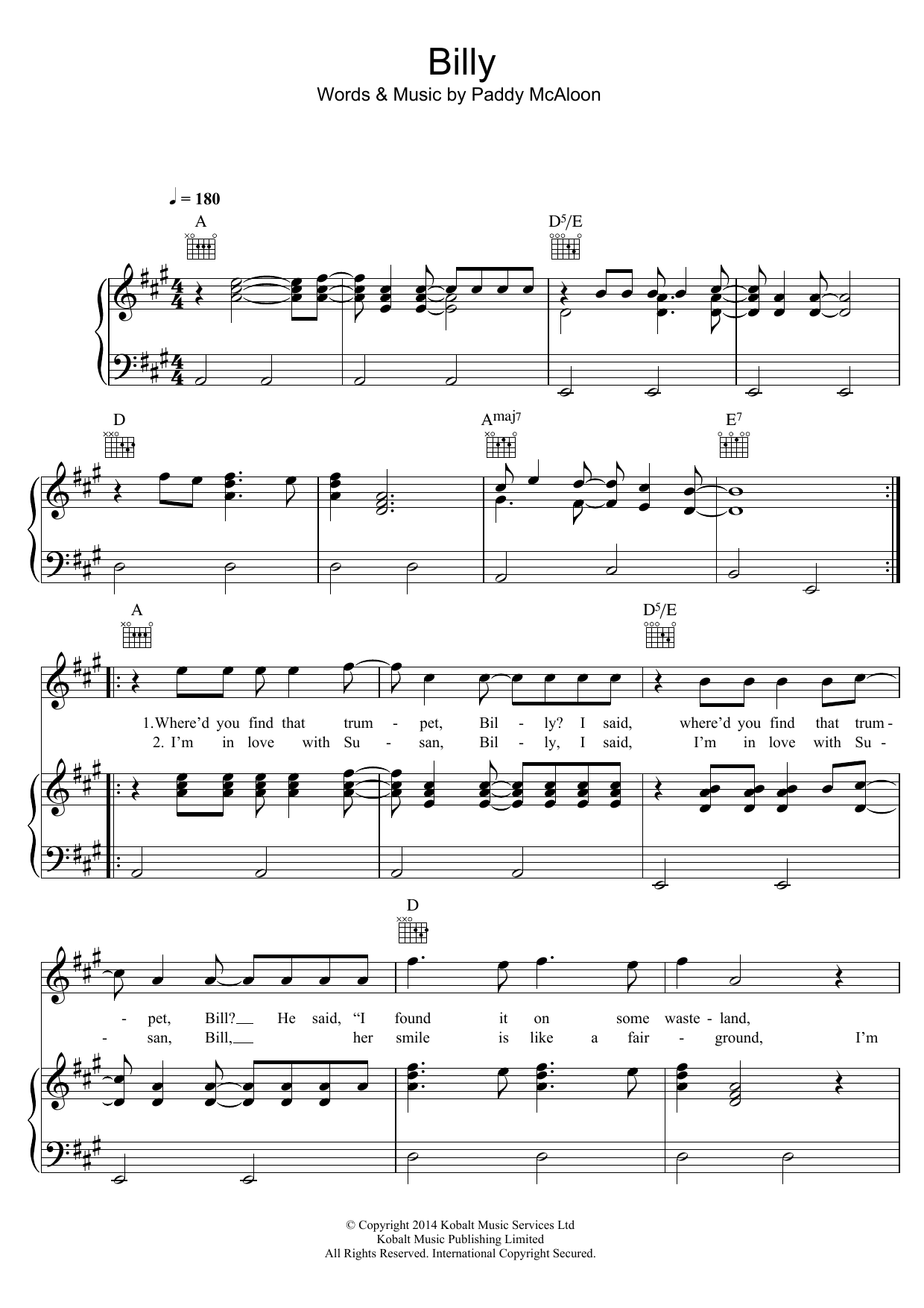 Prefab Sprout Billy sheet music notes and chords arranged for Piano, Vocal & Guitar Chords