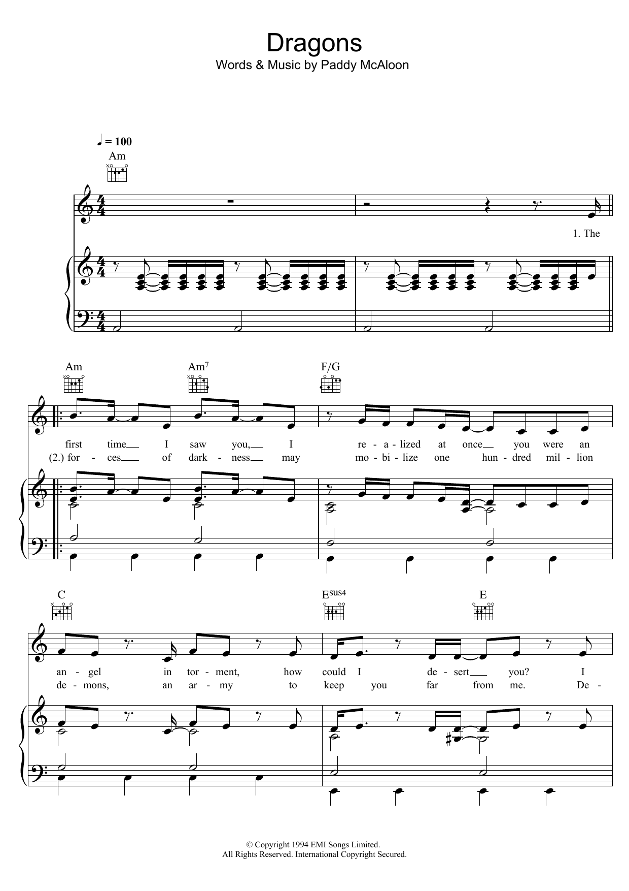 Prefab Sprout Dragons sheet music notes and chords arranged for Piano, Vocal & Guitar Chords
