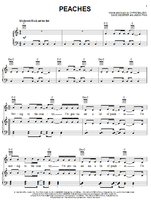 Presidents Of The United States Of America Peaches sheet music notes and chords arranged for Piano, Vocal & Guitar Chords (Right-Hand Melody)