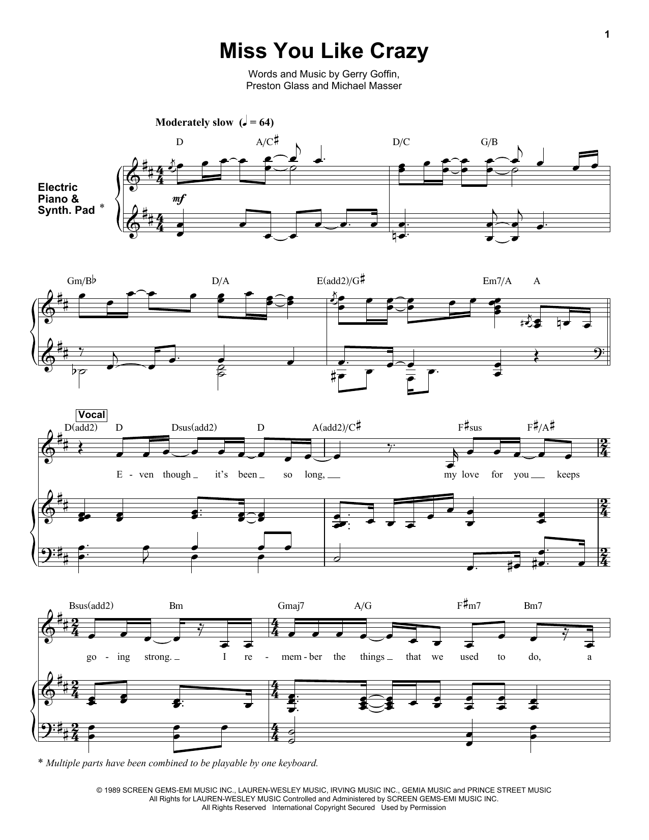 Preston Glass Miss You Like Crazy sheet music notes and chords arranged for Keyboard Transcription