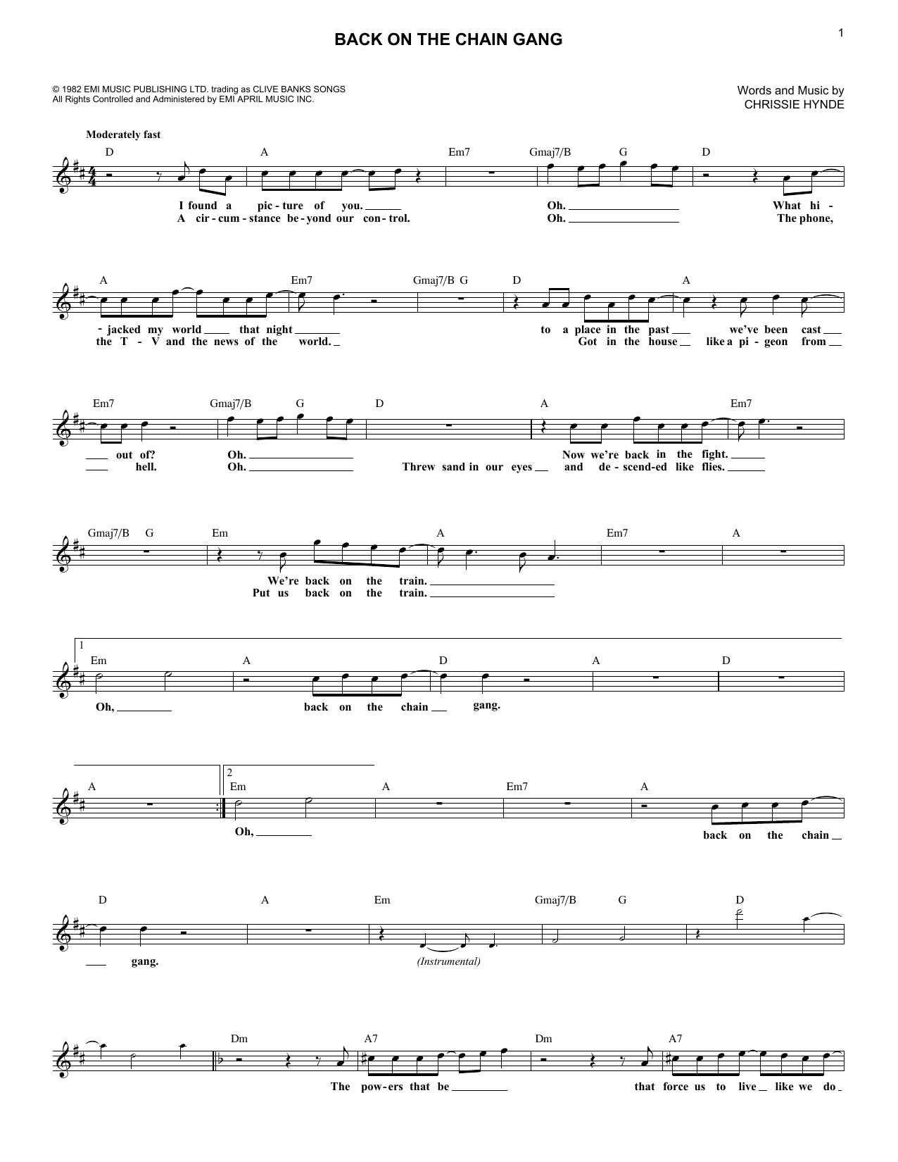 The Pretenders Back On The Chain Gang sheet music notes and chords arranged for Lead Sheet / Fake Book
