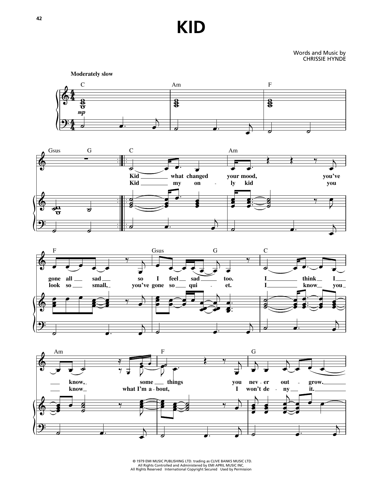 Pretenders Kid sheet music notes and chords arranged for Piano, Vocal & Guitar Chords (Right-Hand Melody)