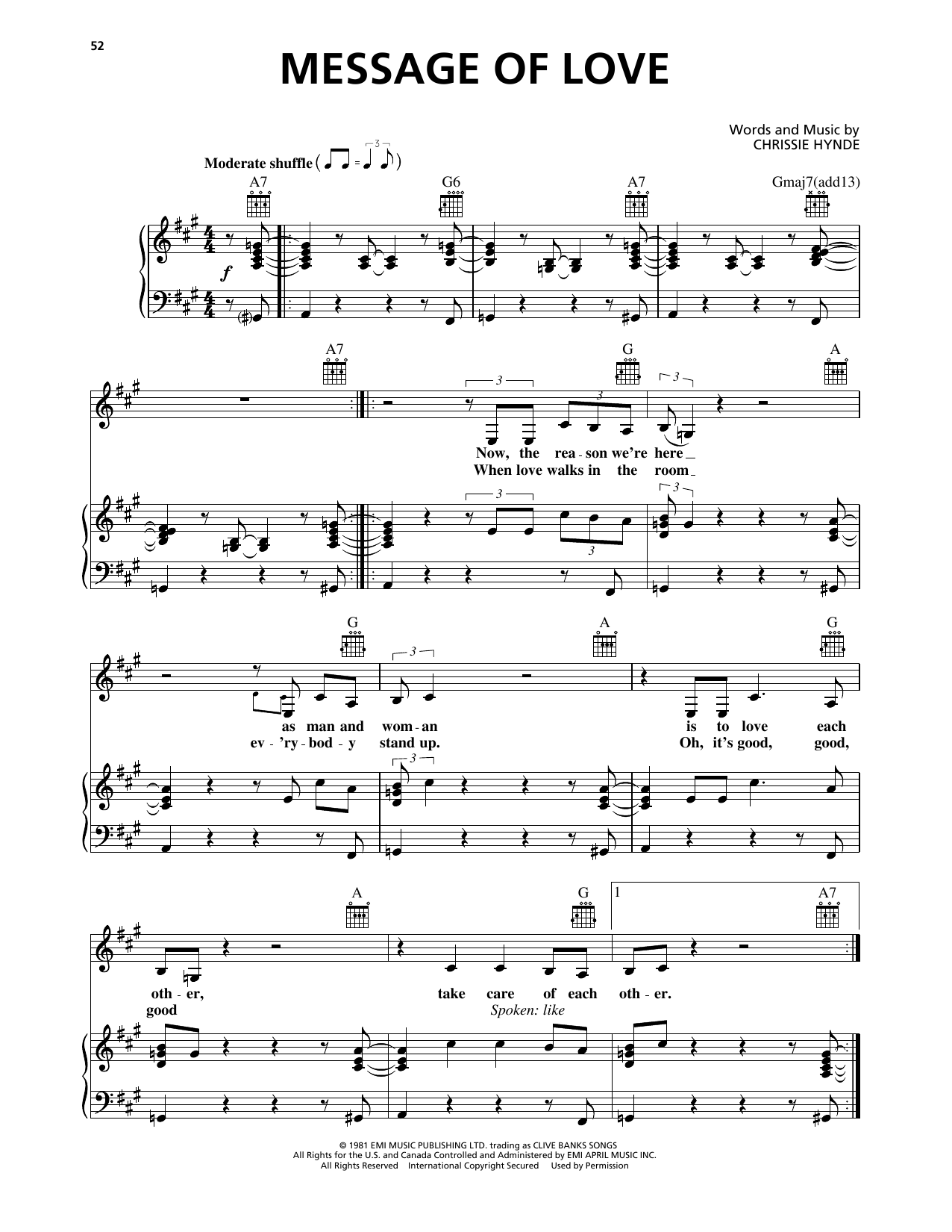 Pretenders Message Of Love sheet music notes and chords arranged for Piano, Vocal & Guitar Chords (Right-Hand Melody)