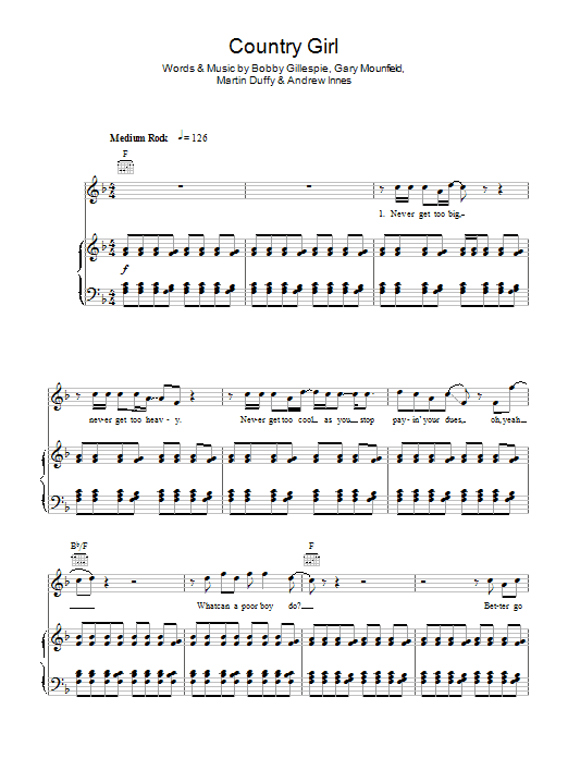 Primal Scream Country Girl sheet music notes and chords arranged for Piano, Vocal & Guitar Chords