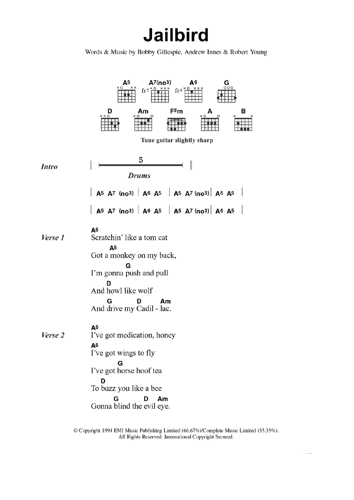 Primal Scream Jailbird sheet music notes and chords arranged for Guitar Chords/Lyrics