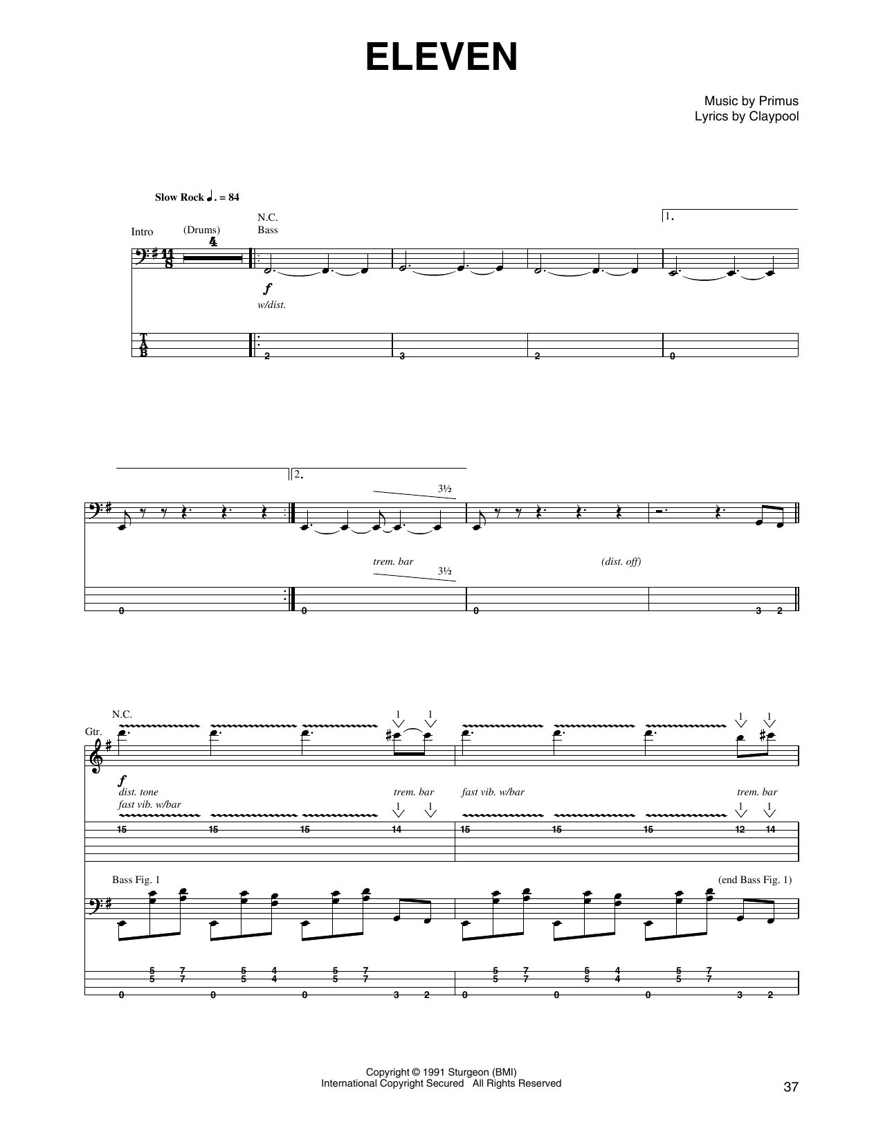 Primus Eleven sheet music notes and chords arranged for Guitar Tab