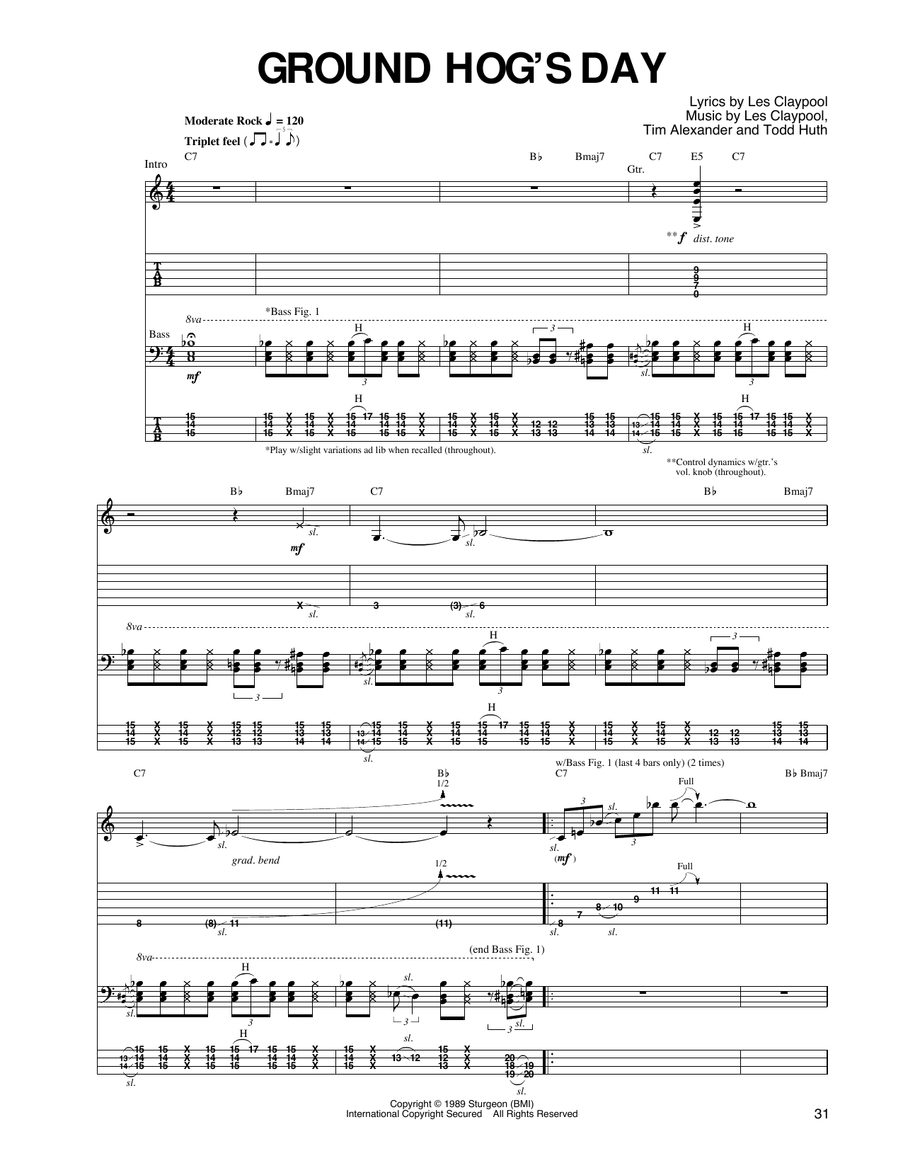 Primus Ground Hog's Day sheet music notes and chords arranged for Guitar Tab
