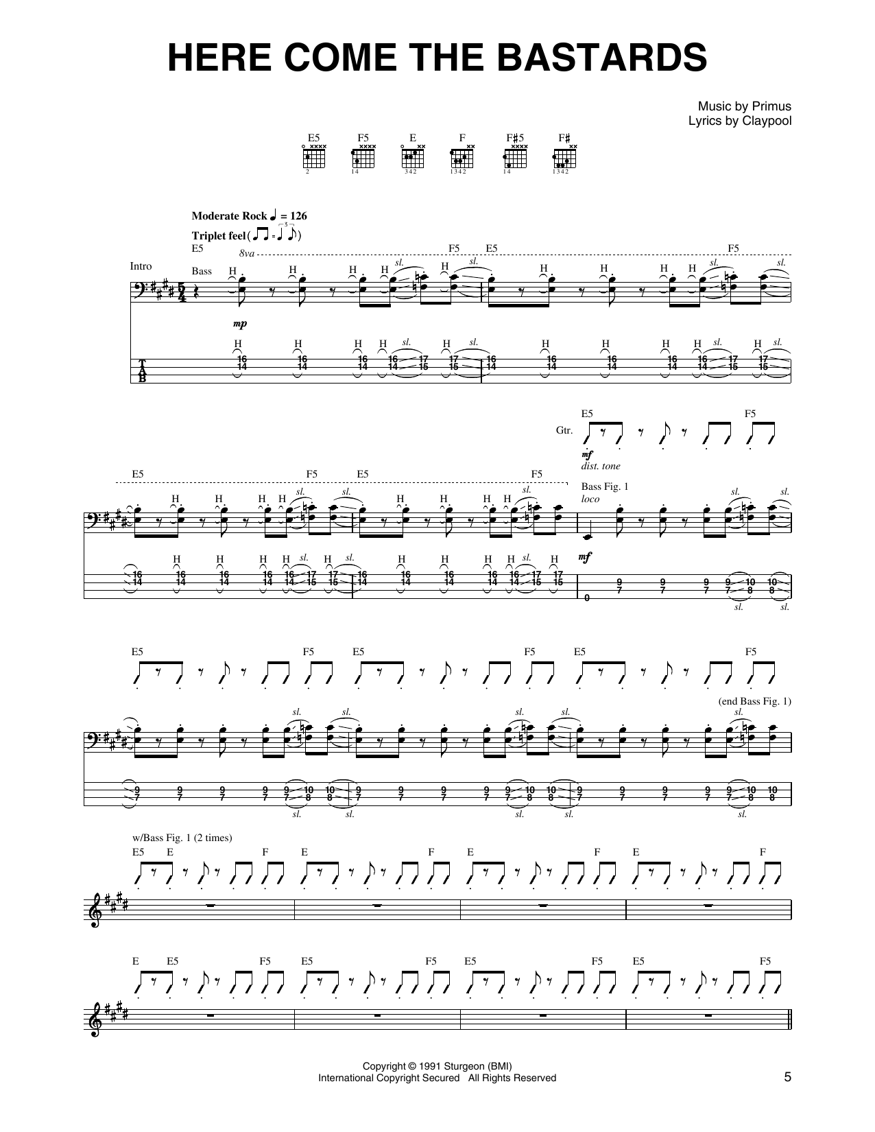 Primus Here Come The Bastards sheet music notes and chords arranged for Guitar Tab
