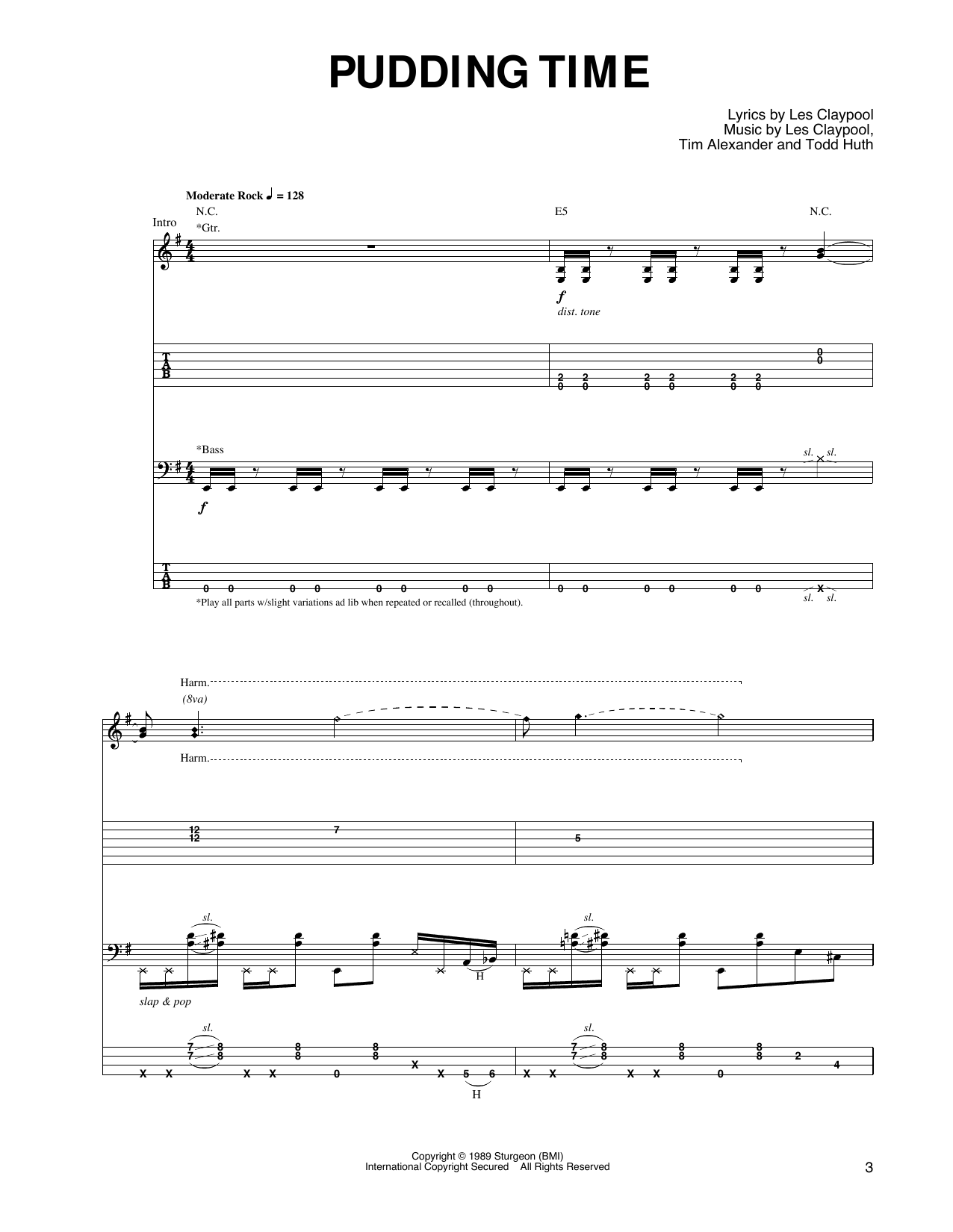Primus Pudding Time sheet music notes and chords arranged for Guitar Tab