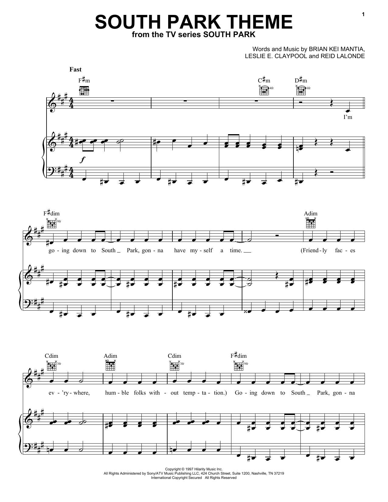 Primus South Park Theme sheet music notes and chords arranged for Very Easy Piano