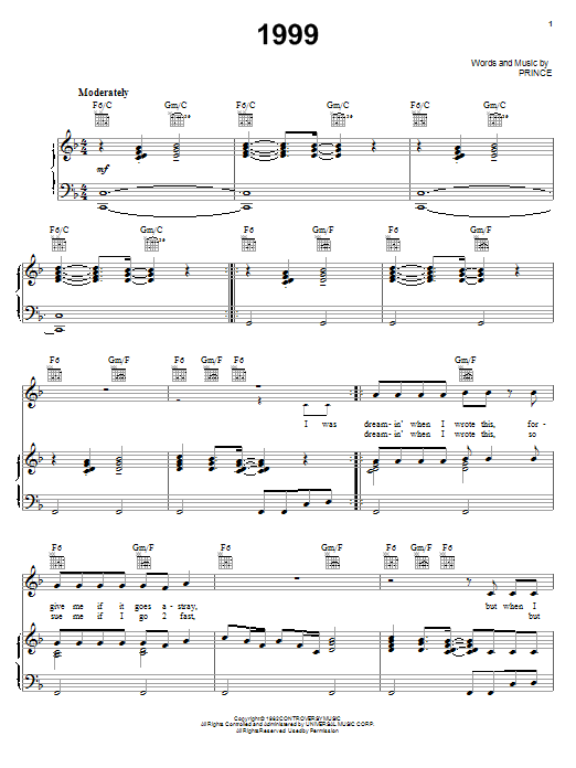 Prince 1999 sheet music notes and chords arranged for Easy Guitar Tab