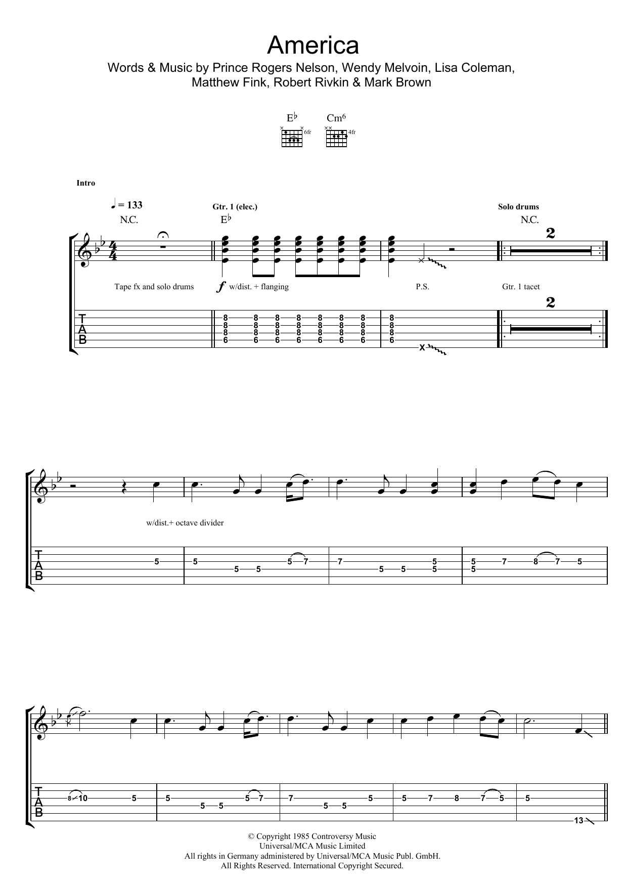 Prince & The Revolution America sheet music notes and chords arranged for Guitar Tab