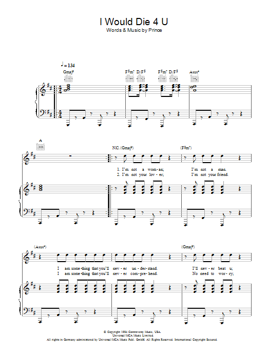 Prince & The Revolution I Would Die 4 U sheet music notes and chords arranged for Piano, Vocal & Guitar Chords