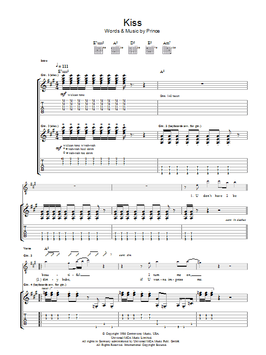 Prince & The Revolution Kiss sheet music notes and chords arranged for Guitar Tab